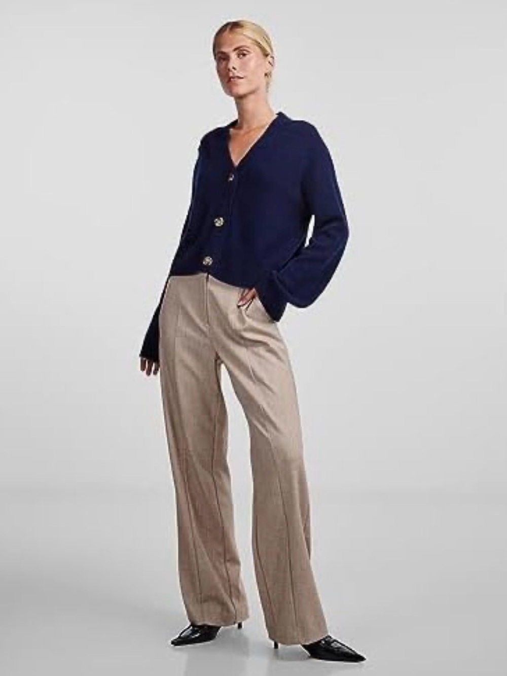 YAS Classic V-Neck Navy Button-Front Women's Cardigan Sweater - Picture 4 of 5
